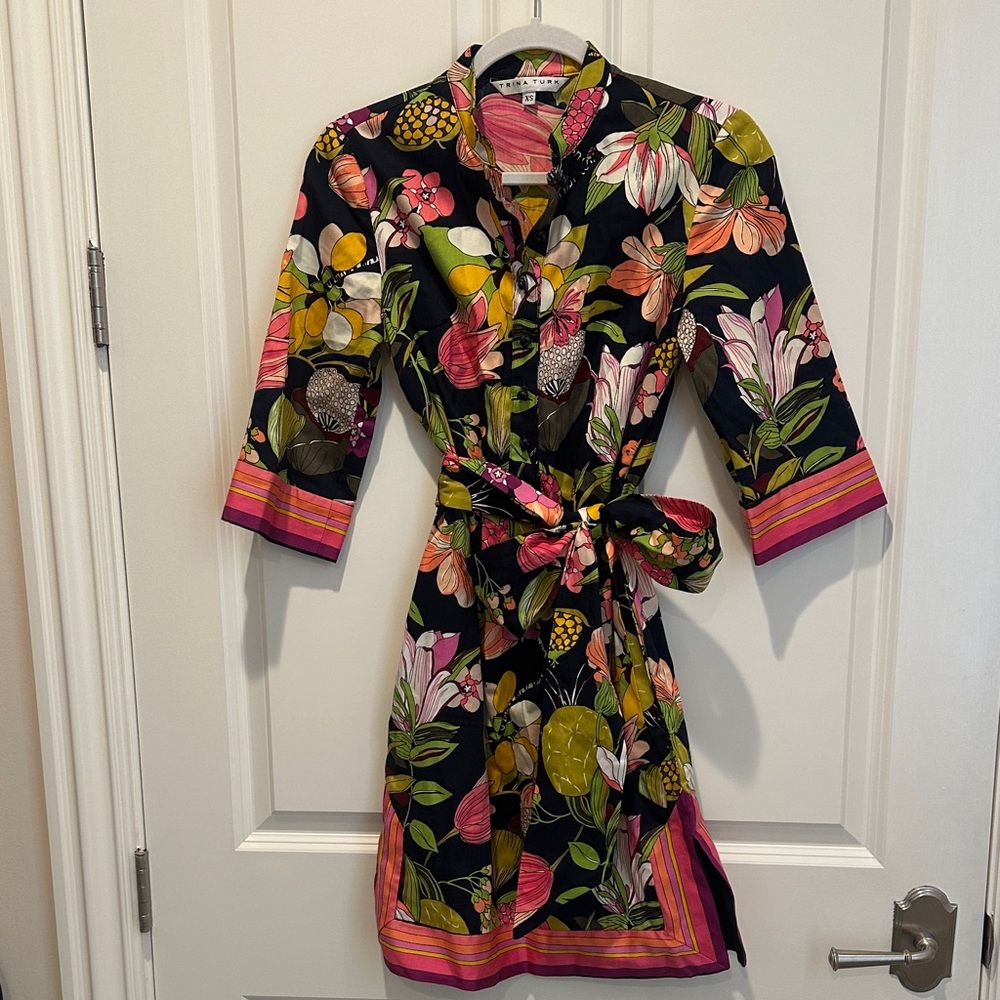 Floral Tie-Waist Navy Dress with Bright Floral Accents